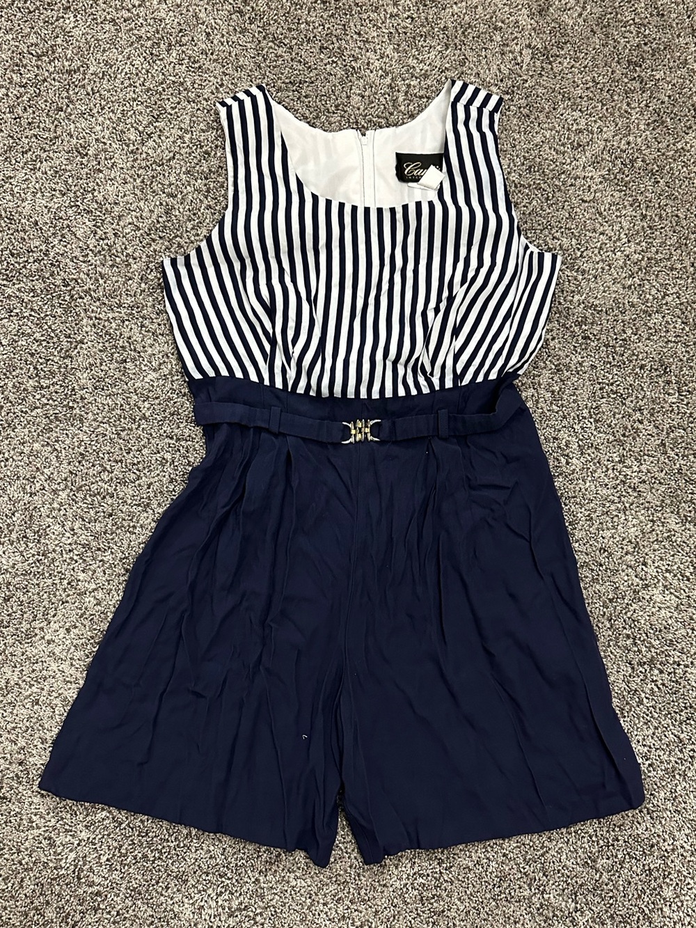 Striped Navy & White Sleeveless Belted Romper (size 10)